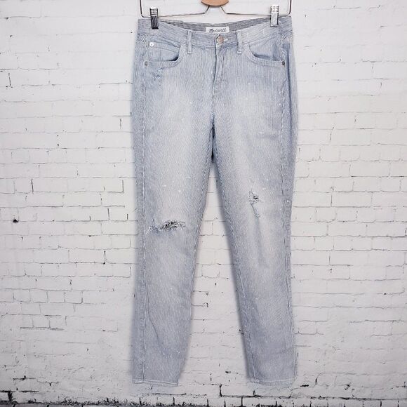 Madewell Hickory Stripe Jeans Size 25 Blue White Distressed Slim Straight - Picture 2 of 12